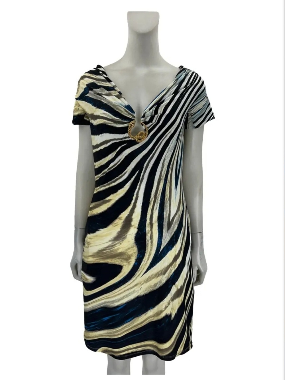 Roberto Cavalli Cream, Black and Blue Swirl V-Neck Dress
